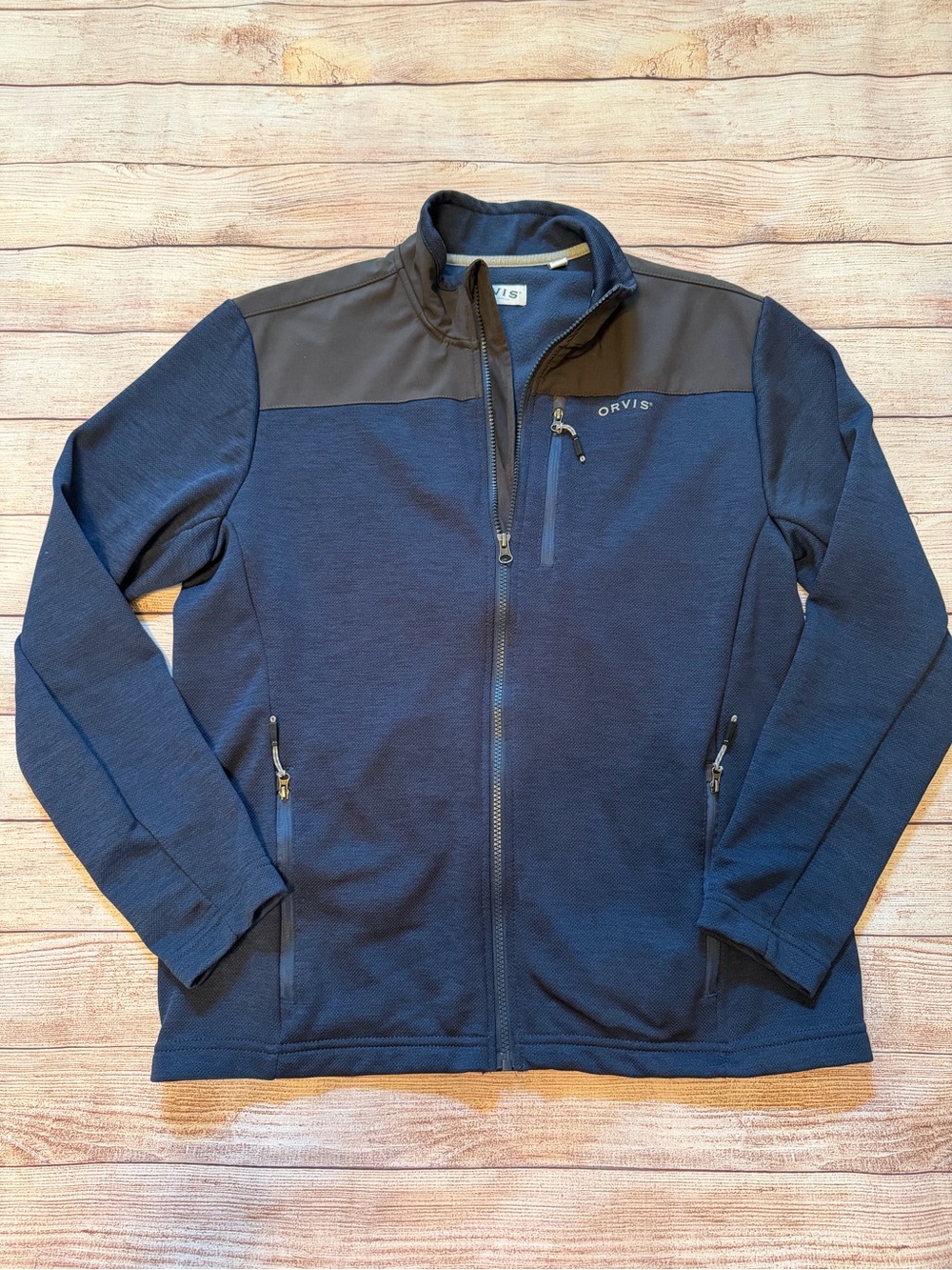 Orvis Blue and Gray Bonded Mesh Full Zip Sweater Jacket Mens Size Medium